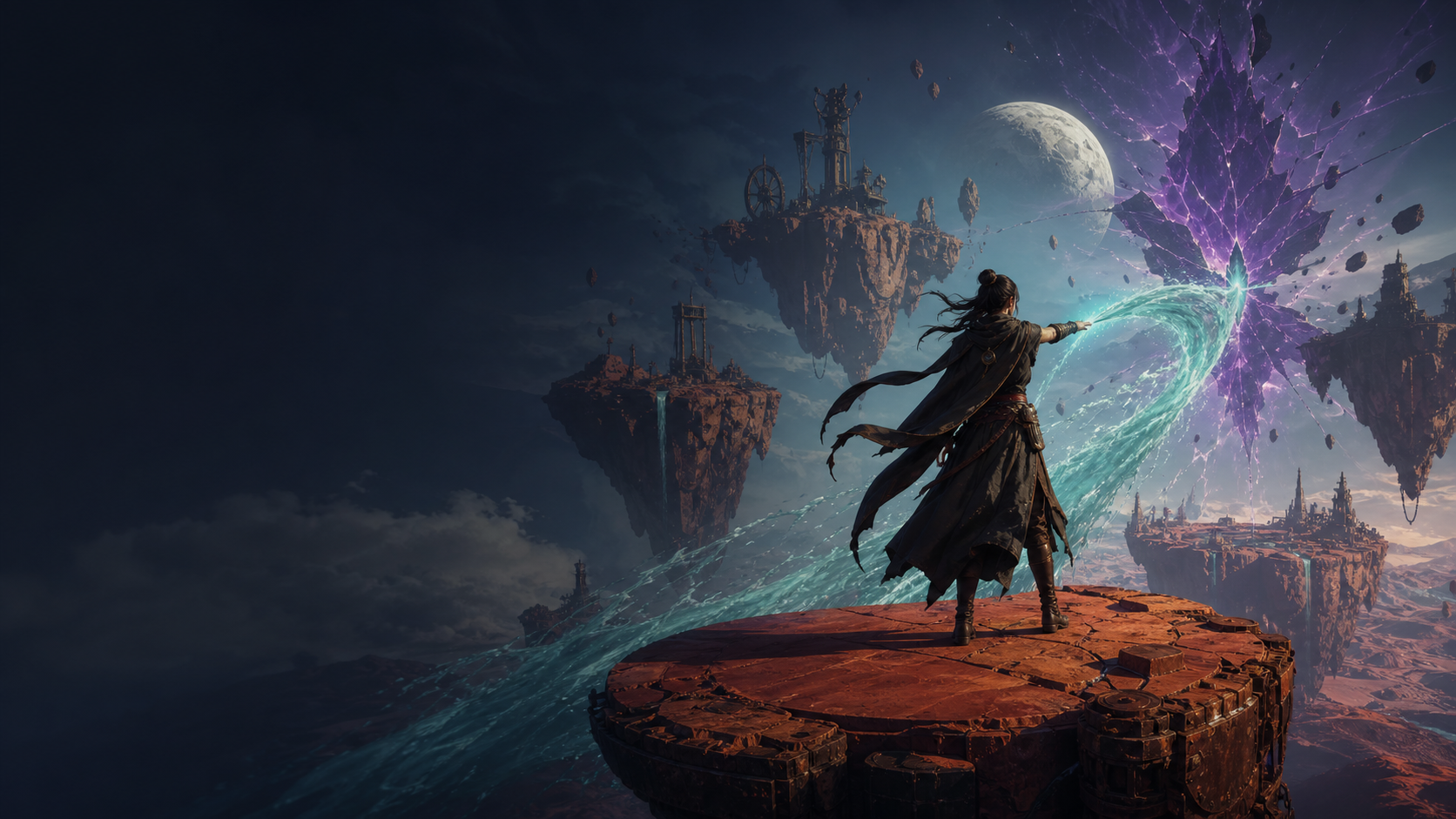 One directing a stream of water across floating desert isles